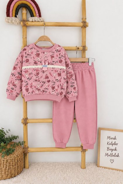 My Little One's Skin Heart Printed and Bunny Detailed Girls' 2-Piece Set - Pink