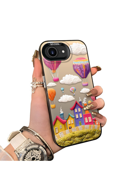 iPhone 16E Compatible Silicone Edge Hard Back Case Balloon Patterned Lover Couple Phone Case