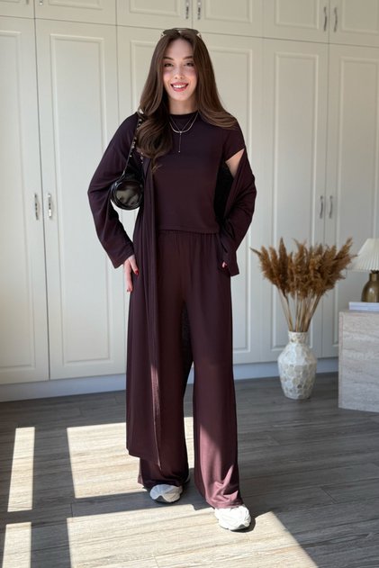 Modal Fabric 3-Piece Long Brown Cardigan Pants Blouse Set