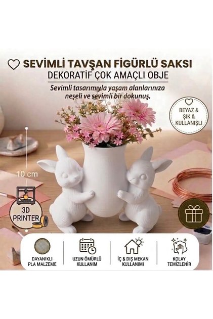 Sevimli Tavşan Figürlü Dekoratif Mini Saksı & Masa Üstü Kalemlik / Obje/Vazo/3d Tasarım