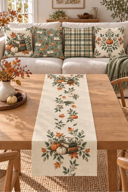 Green Beige Pumpkin Mushroom Forest Patterned 4 Throw Pillow Covers 1 Runner 5 Piece Set