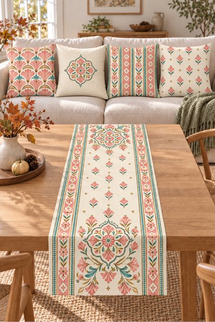 Salmon Mint Ethnic Floral Patterned 4 Throw Pillow Covers 1 Runner 5 Piece Set