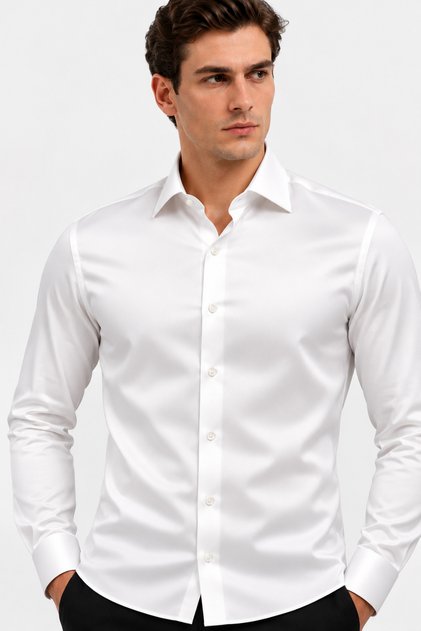 Slim Fit Uzun Kollu Kolay Ütülenebilir Ter Konforu Sağlayan Kravatlık Dört Mevsim Beyaz Erkek Gömlek