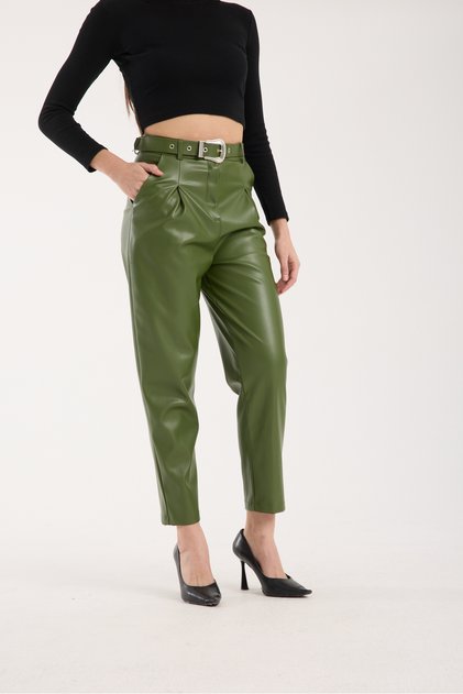Women's High Waist Belted Pleated Faux Leather Trousers with Nubuck Texture and Carrot Cut