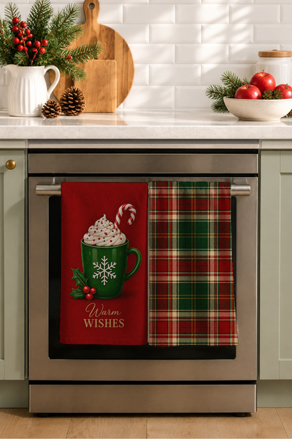 Tartan Cocoa Club Hot Chocolate Red Green Plaid Christmas Patterned 2-Piece Kitchen Towel Set 35X55