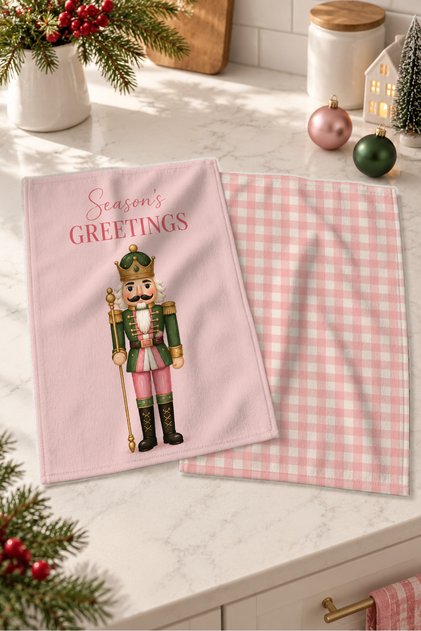 Season Nutcracker Pink Nutcracker and Pink Plaid Christmas Patterned 2-Piece Kitchen Towel Set 35X55