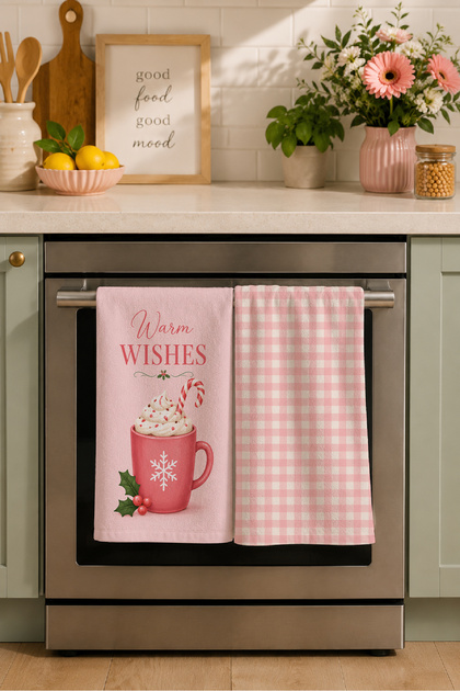Cocoa Pink Wishes Pink Hot Chocolate and Pink Plaid Christmas Patterned 2-Piece Kitchen Towel Set 35X55