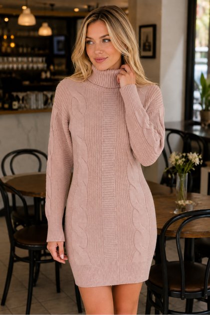 Women's Long Sleeve Turtleneck High Neck Front Back Hairnet Thessaloniki Knit Patterned Links Detailed Stylish Elegant Casual Powder Knitwear Mini Tunic Dress