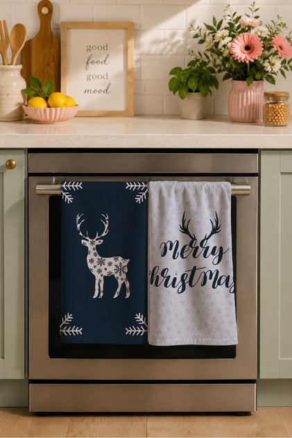 Midnight Reindeer Christmas Navy Blue Deer and Snowflake Patterned 2-Piece Kitchen Towel Set 35X55