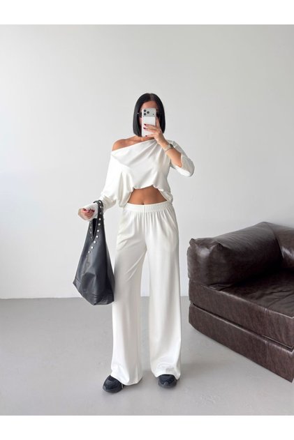 Women's One-Shoulder Casual Blouse and Wide-Leg Pants Two-Piece Set