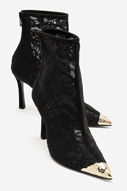 Cliff Black Lace Detailed Gold Toe Women's Heeled Boots