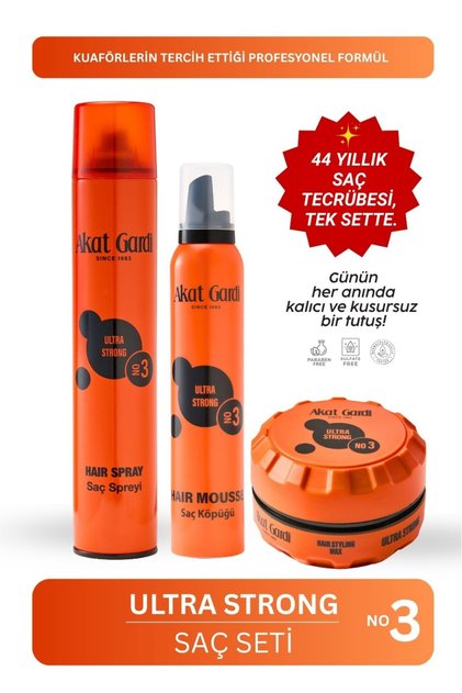 Komple Saç Şekillendirme Paketi Ultra Strong No:3(Turuncu) Saç Spreyi/Saç Köpüğü/Saç Şekillendirici Wax