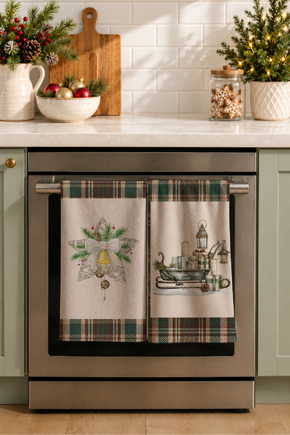 Lantern Christmas Plaid Lantern Candle and Flower Bouquet Green Plaid Christmas 2-Piece Kitchen Towel Set 35X55