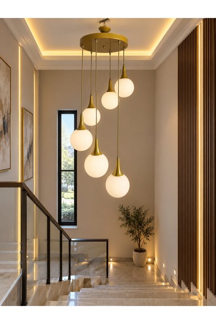 İnci eskitme gold kasa globe camlı 6lı sarkıt avize