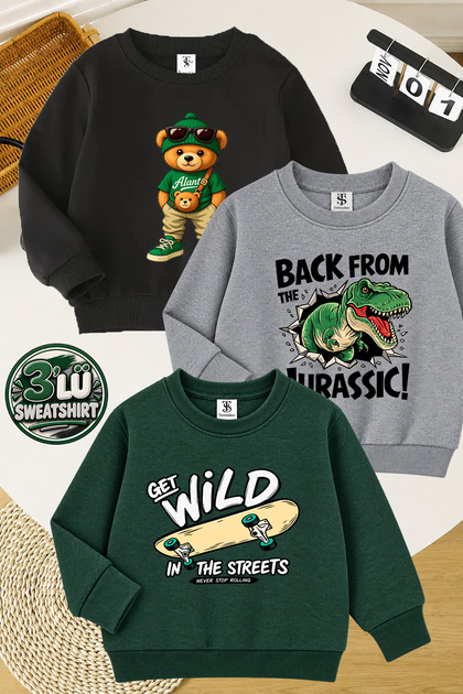 Skateboard and Bear Printed 3-Pack Unisex Black-Grey-Green Children's Sweatshirt