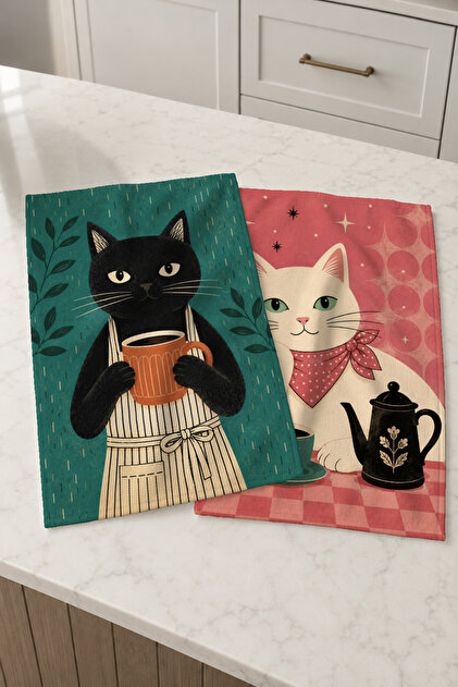 Cat Café Duo Set de prosoape de bucătărie din 2 piese, cu model de pisică și cafea alb-negru, drăguțe și moderne, 35x55