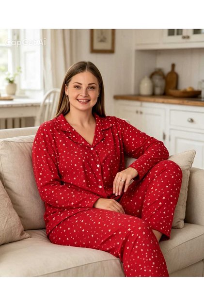 Women's Oversize Long Sleeve Buttoned Pajama Set Red Star Patterned Soft Texture Comfortable & Stylish Home Wear (3Xl-4Xl-5Xl)