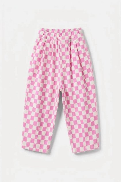 Girl's Checkerboard Patterned Pink Jeans