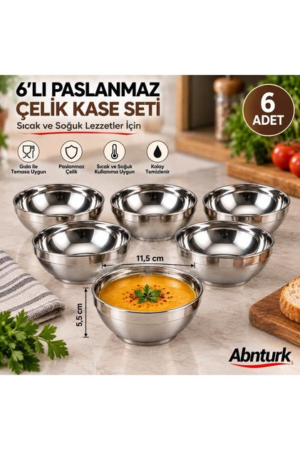6 Adet Paslanmaz Çelik Çift Cidarlı Yalıtımlı Kase-Düşmeye ve Darbeye Karşı Dayanıklı Uzun Ömürlü K