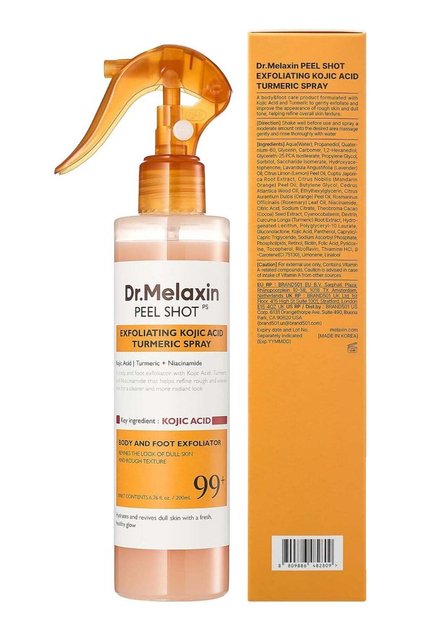 Dr. Melaxin Peel Shot Body and Foot Exfoliating Spray with Kojic Acid, Turmeric and Niacinamide 200ml – Daily Skin Refining Care for Dull, Rough-Looking Areas and a Softer, Smoother, More Radiant Appe