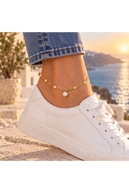 Ozza Nova 925 Ayar Gümüş Altın Kaplama Gerçek İnci Kadın Halhal 24 cm Ayarlanabilir Pullu Zincir