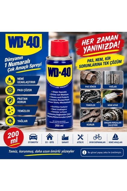 WD-40 Çok Amaçlı Bakım Spreyi 200 ml – Pas Sökücü, Yağlayıcı, Temizleyici ve Nem Uzaklaştırıcı