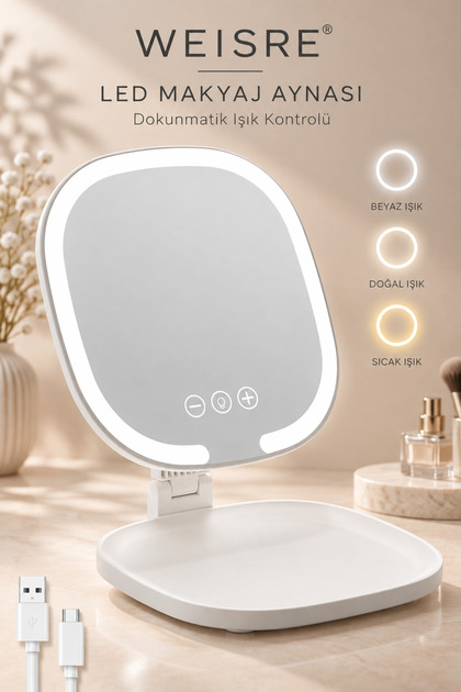 Katlanabilir LED Makyaj Aynası 3 Işık Modlu Dokunmatik Ayarlı Taşınabilir Masa Aynası