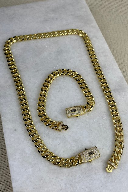 Kalın Model 14k Altın Kaplama Monaco Set Kararmaz 45 cm Kolye ve 18 cm Bileklik Set