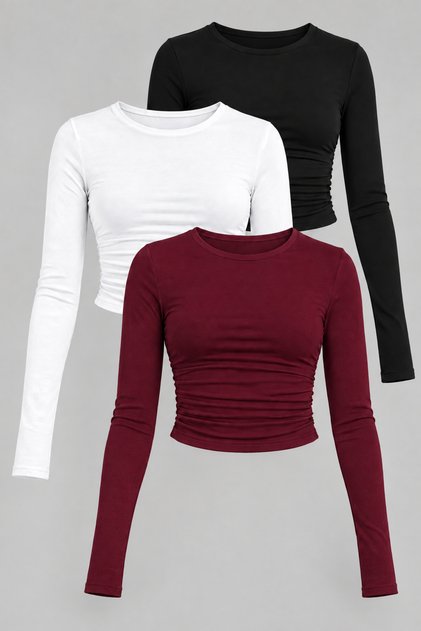 Women's Basic 3-Pack 100% Cotton Long Sleeve Crew Neck Slimfit Short Blouse