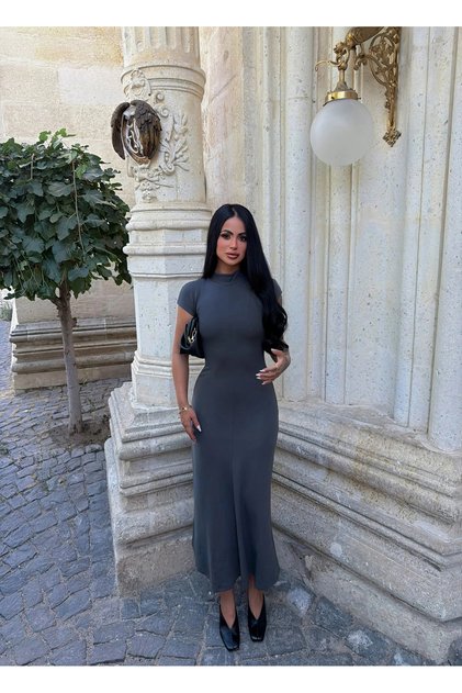 Gray High Collar Flounce Knit Dress