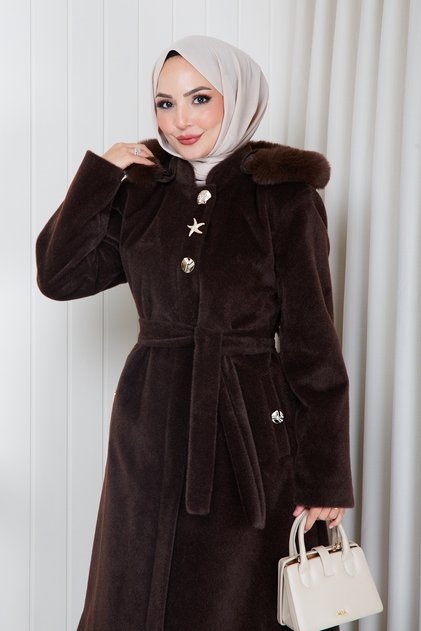 Women's Brooched Collar Fur Detailed Coat