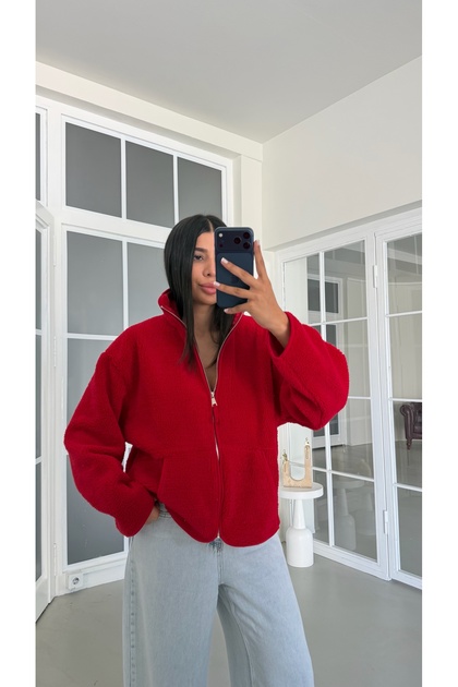 Kırmızı Fermuarlı Cepli Polar Sweatshirt GAUS-02031 GAUS-01916