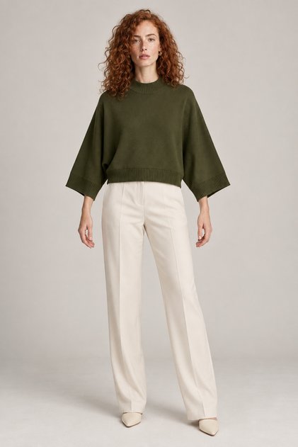 Women's Bat Sleeve Wide Cut Crop Knit Sweater Green