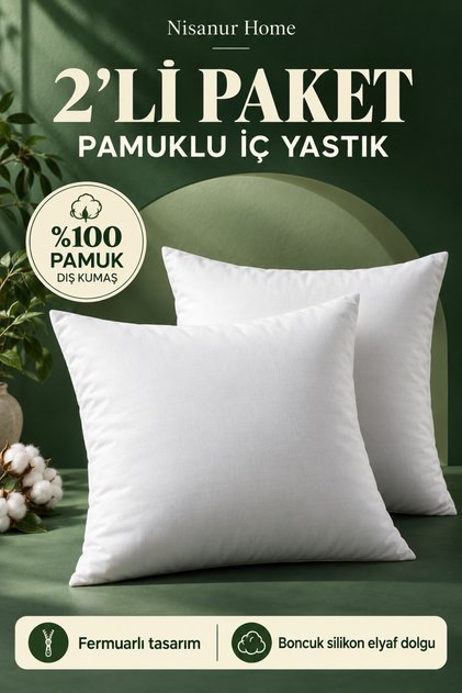 Set of 2 100% Cotton Fabric Zippered Beaded Silicone Fiber Filled Throw Pillow Inner Cushion