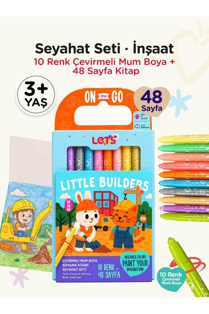 Mum Boya Seyahat Seti – 10 Renk + Boyama Kitabı İnşaat Temalı | Let's