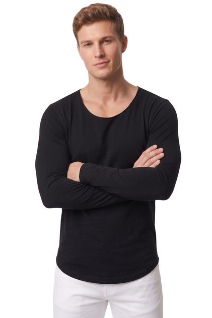Erkek Siyah %95 Pamuk Slim Fit Kesik Açık Yaka Likralı Penye Sweatshirt Oval Kesim 2602299