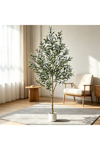 242cm 8ft Artificial Olive Tree with White Planter, Realistic Faux Potted Tree, Low Maintenance, Adjustable Branch, Indoor Decoration