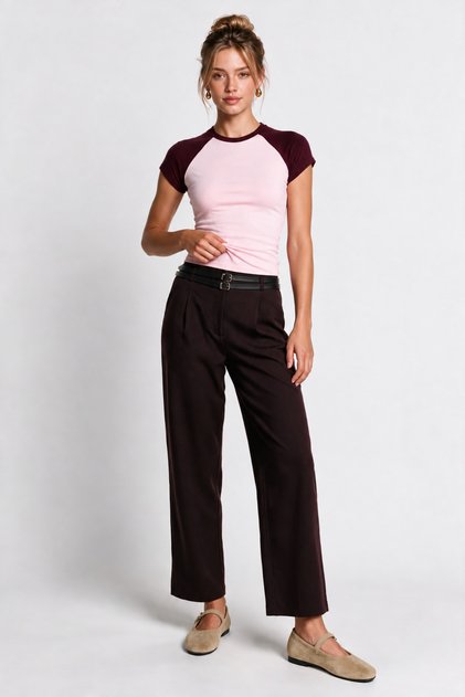 Double Belted Woven Palazzo Trousers Lby0081 Mürdüm