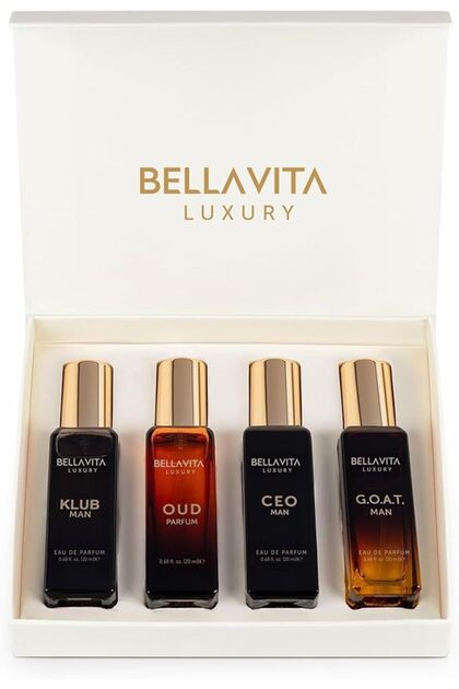 BellaVita Luxury مجموعة هدايا عطور للرجال (4×20 مل) |   عطور رجالية مع KLUB و OUD و CEO و GOAT |   ملابس رجالية