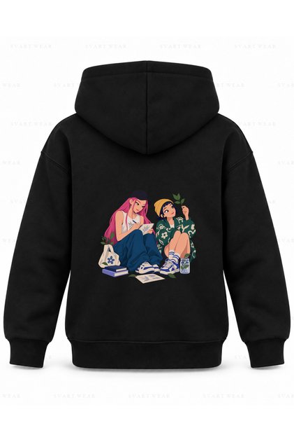 Kpop Demon Hunters Garden Notebook Printed Black Children's Hooded Sweatshirt