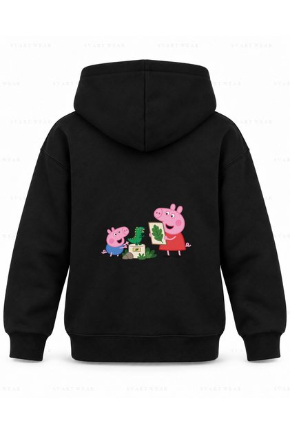 Peppa Pig Dinosaur Museum Printed Black Children's Hooded Sweatshirt