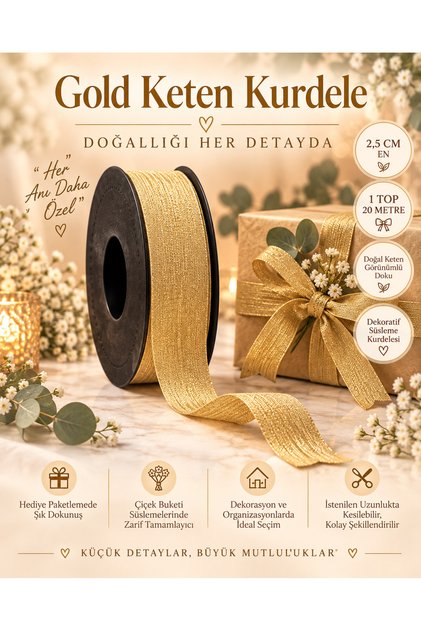 Gold Linen Ribbon 2.5 cm – 1 Roll 20 Meters – Decorative Bow, Gift Wrapping, Decoration, and Textile Accessory Ribbon
