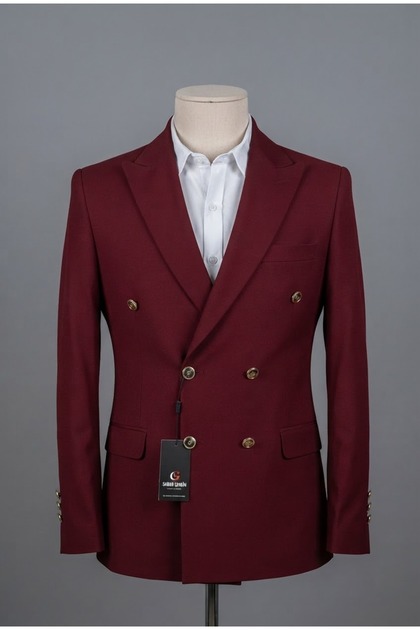 Men's Burgundy Slim Fit Gold Button Double Breasted Blazer Single Jacket