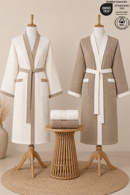 4 Piece Kimono Robe Set Family Set 100% Cotton Certified Contrast Striped Dowry Set - Cream Beige