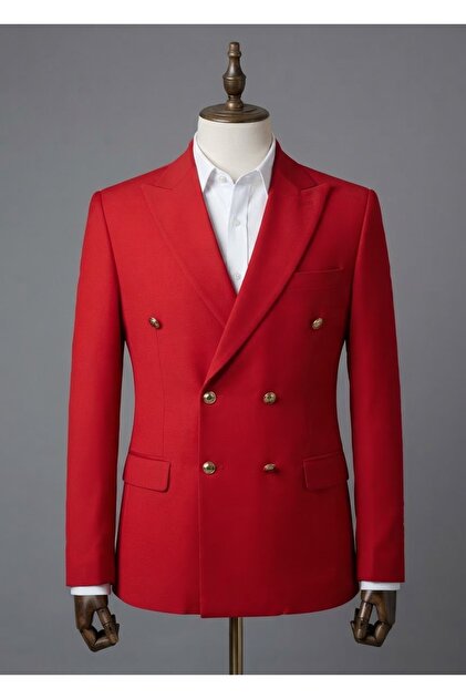 Men's Red Slim Fit Gold Button Double Breasted Blazer Single Jacket
