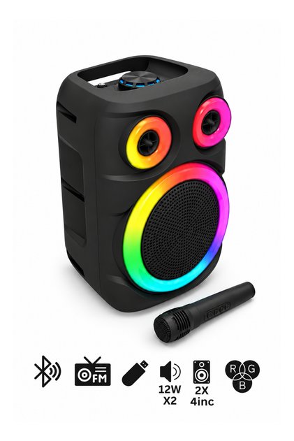 Kablosuz Mikrofonlu Karaoke Bluetooth Hoparlör 2x4 İnc 12W 2x Güçlü Ses RGB Işıklı Taşınabilir Speaker