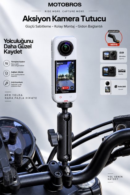 Motosiklet Aksiyon Kamera Tutucu Gidon-Ayna Bağlantı Aparatı GoPro Insta360 DJI Action Uyumlu 360° Ayarlı Kamera Tutucu