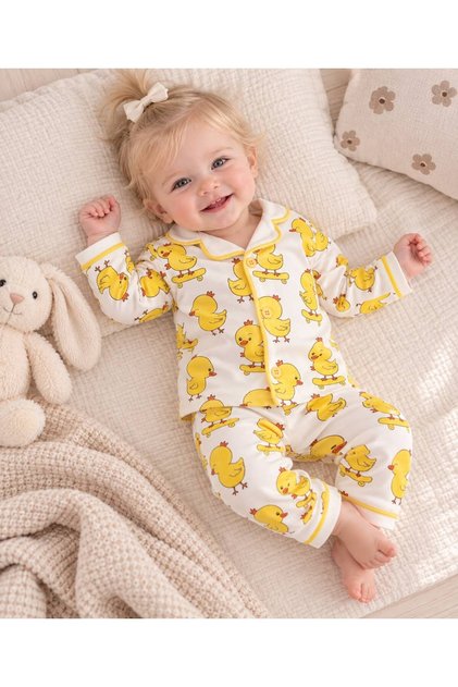 100% Cotton Long Sleeve Buttoned Seasonal Skateboarded Duck Patterned Soft Textured Unisex Bottom Top Baby Pajama Set