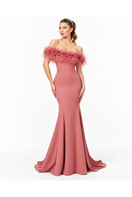 Off-The-Shoulder Feathered Collar Fish Shape Long Evening Dress