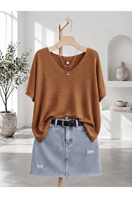Women's Slim V-Neck Low Sleeve Mercerized Knitted Blouse